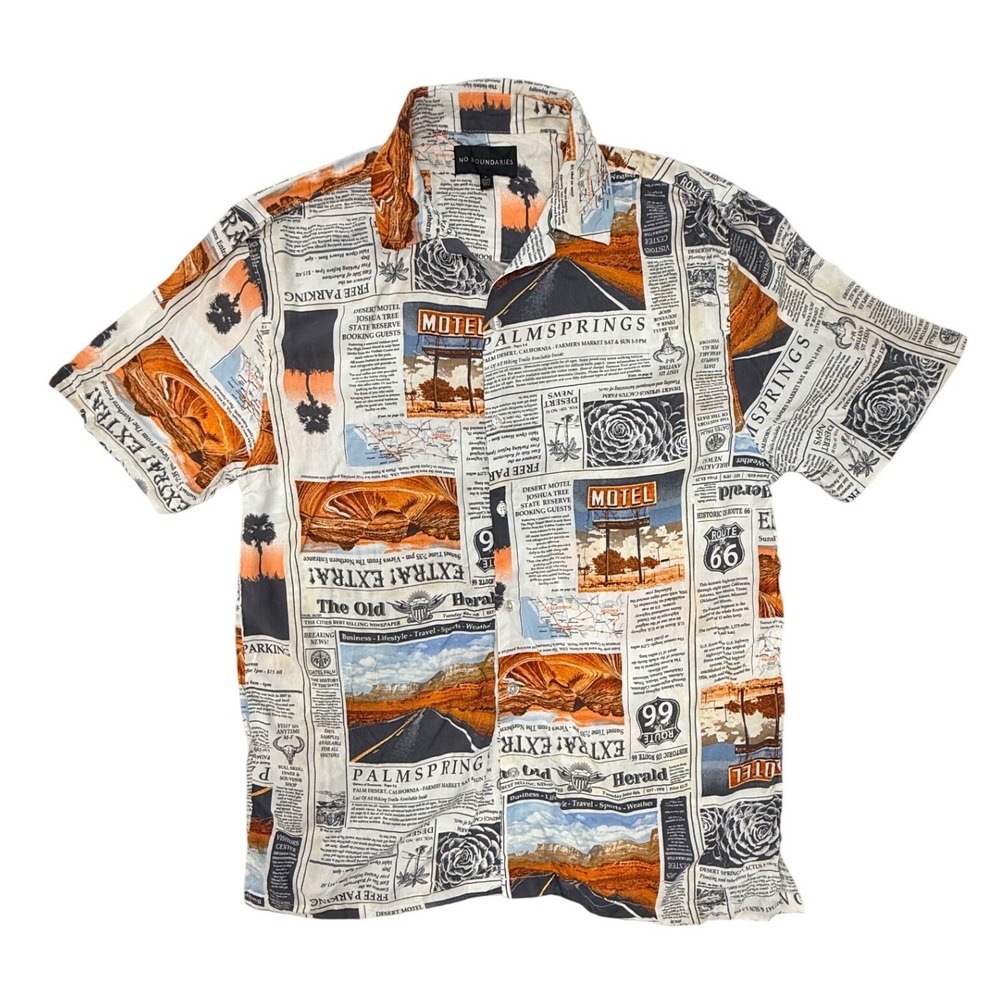 No Boundaries Mens Palm Springs Route 66 Newspaper Print Rayon Shirt Medium M